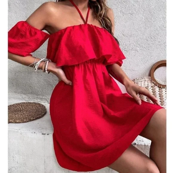 Tie Back Off Shoulder Ruffle Trim Dress - Picture 5 of 9